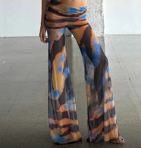 S Funky bunte transparente Hose schwarz blau orange Foldover Schlag Hippie Club Disco - Bild 1 von 8