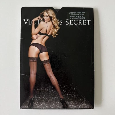 Victorias Secret Satin Lace Top Thigh Highs With Back Seam Black Sz C - Image 1 of 2