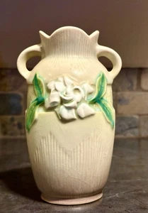 Vintage ROSEVILLE Pottery Brown & White GARDENIA Double Handle VASE 68 (?)- 6” - Picture 1 of 9