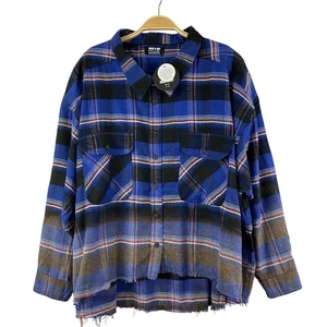 Jolie & Joy Cropped Flannel Shirt Women 3X Navy Plaid Grunge Distress Button Up - Picture 1 of 9