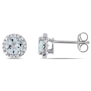 Amour 10k White Gold Aquamarine and Diamond Halo Earrings - Picture 1 of 5