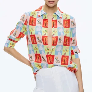 Alice + Olivia x Oris Eddu Woman Power Willa Blouse Top Flower Floral Grid XS - Picture 1 of 15