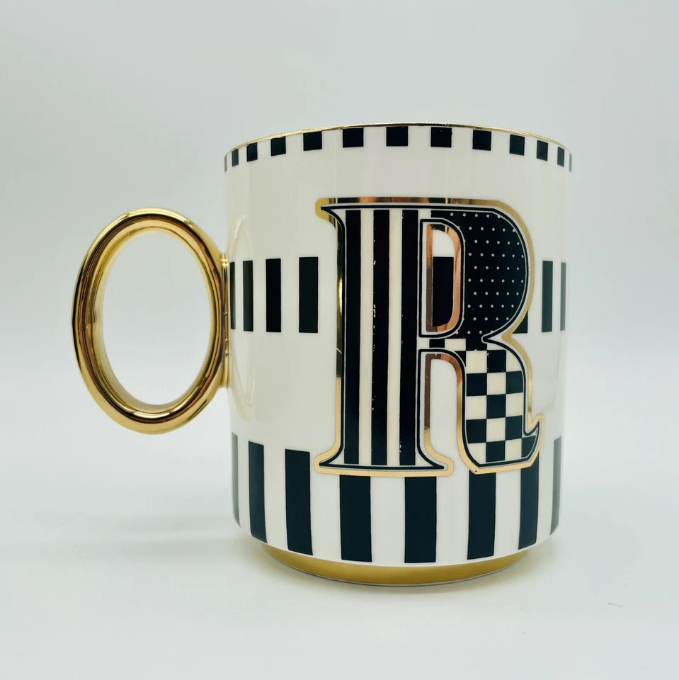 MacKenzie-Childs My Mug Coffee Cup Initial R White Black & Gold w/Box