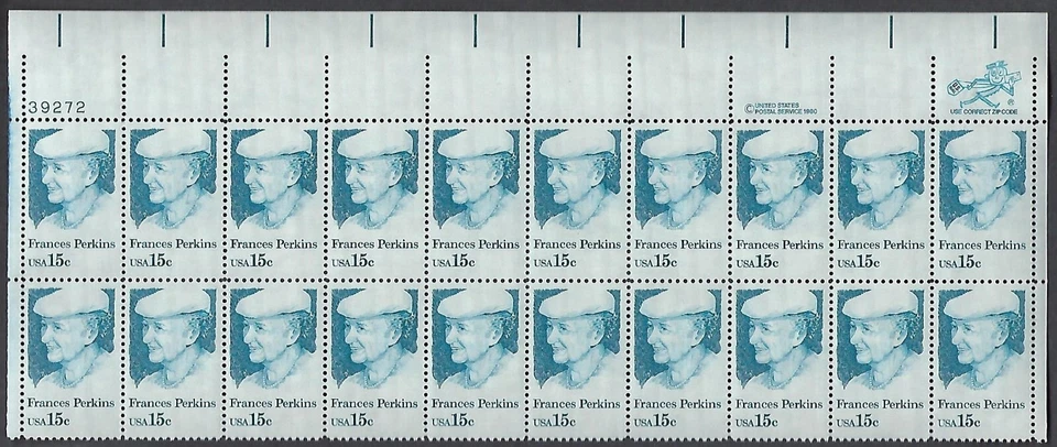 1821 MNH Plate Block of 20, 15-cent stamps honoring Frances Perkins - Image 1 of 1