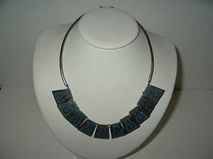 Vintage MEXICO 925 Sterling Silver Turquoise Mosaic Inlay Panel Collar Necklace - Picture 1 of 8
