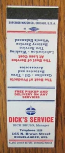 DICK BRUSO GASOLINERA ESTÁNDAR MATCHBOOK CUBIERTA: RHINELANDER, WISCONSIN E22 - Imagen 1 de 2