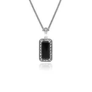 Arte Stile Déco Ottagono Onice E Marcasite Ciondolo Collana IN Argento Sterling - Foto 1 di 1