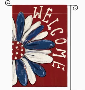 Garden Flag 12x18in Double-sided Burlap Welcome Daisy Patriotic Red,White & Blue - Picture 1 of 1