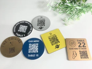 HOSPITALITY QR CODE ORDER TABLE SIGNS ROUND OR SQUARE LASER ENGRAVED - Picture 1 of 32