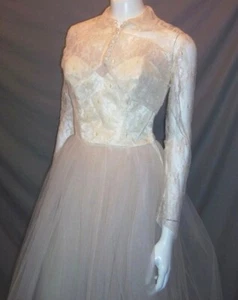 Vintage 50's Champagne Tea Length Lace Wedding Dress Gown Tulle Skirt Bolero B36 - Picture 1 of 6