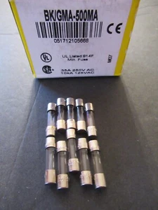 Ten (10)  BUSS BK/ GMA-500mA Fuses , GMA-500MA GLASS, FAST ACTING , 5x20mm NOS - Picture 1 of 5