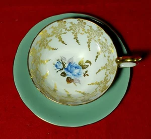 AYNSLEY SAGE GREEN CUP & SAUCER BLUE ROSE CENTER GOLD FILIGREE 2350 ENGLAND - Picture 1 of 5