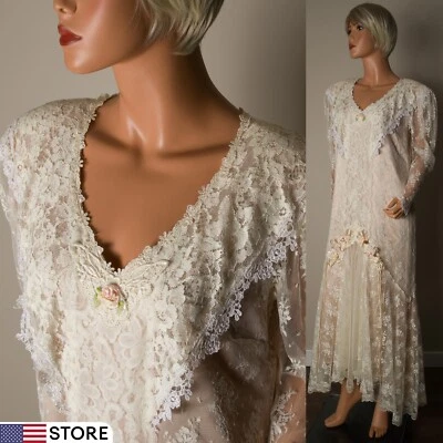 💖 SUSAN LANE'S 70s Country Elegance Ivory Lace Wedding Dress Satin Lined 16 - Image 1 of 4