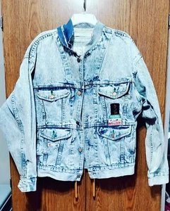 Code Bleu 90's Blue Denim Jean Jacket Large Acid Wash Distressed knit Collar - Picture 1 of 21