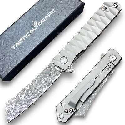 Full Tc4 Titanium EDC Folding Knife! Damascus Steel Blade! Ball Bearing Pivot - Image 1 of 4