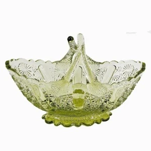 Fenton Daisy & Button Colonial Green Glass Basket Split Twig Handle Vintage - Picture 1 of 5