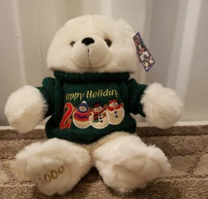 2000 Christmas White Stuffed Plush Bear KMart With Green Sweater - Picture 1 of 5