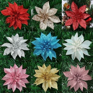 Christmas Large Poinsettia Glitter Flower Tree Hanging Xmas Party Home Decor 9cm - Picture 1 of 13