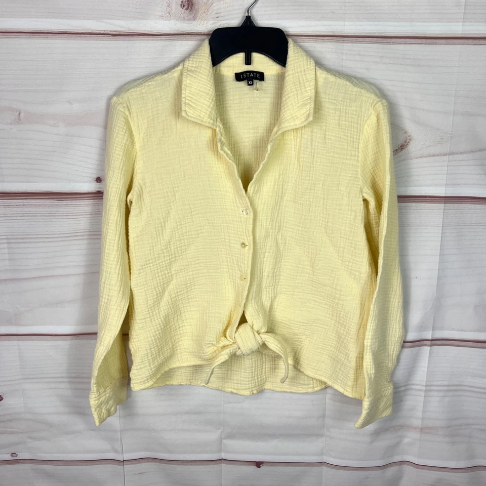 1 State Top Mujer XS Amarillo Camisa Abotonada Algodón Gasa Corbata Cintura Manga Larga Foto 1 de 4