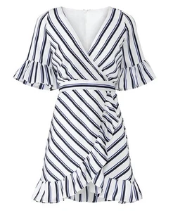 BB Dakota Wrap Mini Dress Stripe Ruffle Size 2 NWT Graduation Summer Brunch Chic - Picture 1 of 14