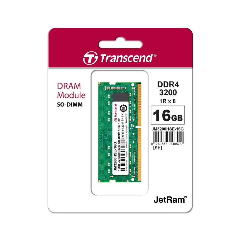 Transcend DDR4 DRAM Module (JetRam) 3200 Mbps 16GB (JM3200HSB-16G) 16GB_SODIMM(1 - Image 1 of 4