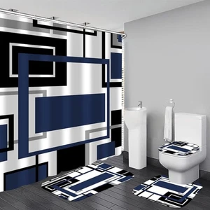 4 Pcs Blue Geometric Shower Curtain Sets 70.8"W x 70.8"L (Pack of 4), Gz-02 - Picture 1 of 7