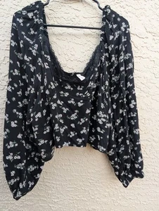 BP Langarm-Crop-Top mit Spitzenbesatz schwarz geblümt 3x Übergröße kokett gesmokt NEU - Bild 1 von 9