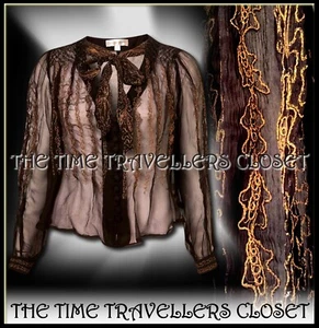 Rare Kate Moss Topshop Black Gold Metallised Sheer Smock Scarf Blouse UK 10 38 - Picture 1 of 15