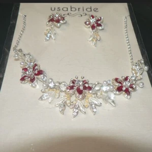 Set collana e orecchini perle strass donna sposa USA rosso argento bianco - Foto 1 di 4
