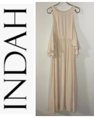 Indah 人造丝露肩长裙 XS 前开衩超大婴儿粉色 + 圆点 — 第 1/4 张图片