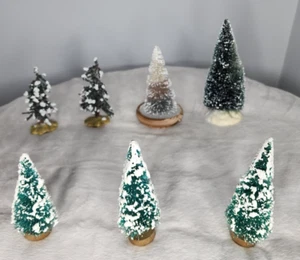 7 Vintage Miniature Bottle Brush Trees w Snow Mini Christmas Village Decor Flock - Picture 1 of 10