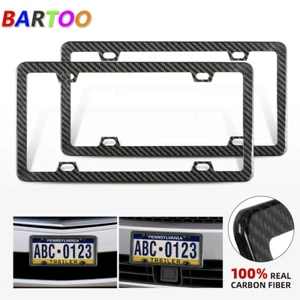 Pair Real Carbon Fiber Finish 4 Holes Slim License Plate Frame w/UV Resistant - Foto 1 di 8
