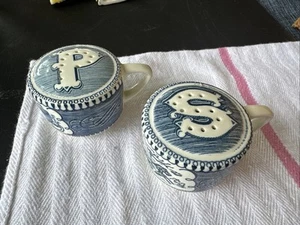 Vintage Royal China Blue Currier & Ives Salt & Pepper Shaker Set EUC - Picture 1 of 10