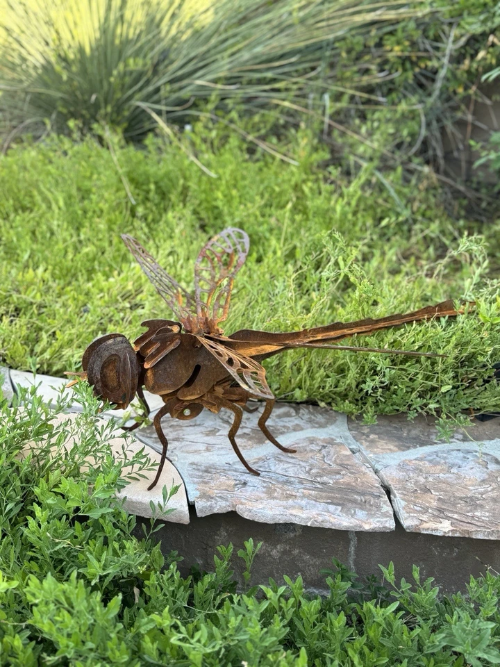 Escultura de libélula de metal hecha a mano - pátina rústica - pieza de arte única en su clase Foto 1 de 4