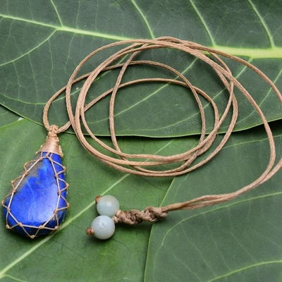 Handmade Natural Lapis Lazuli Cabochon Bohemian Macrame Necklace Healing Pendant - Image 1 of 4