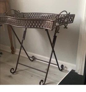 Vintage Brown Metal Tray w tassels Decorative Table Garden Table Coffee foldable - Picture 1 of 10