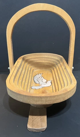 Vintage Handmade Folk Art Wooden Collapsible Basket w/ White Dove Pyrography GPA Cover