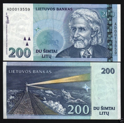 Lithuania 200 LITU P-63 1997 Pre EURO UNC Rail Track Lithuanian Light House NOTE Cover