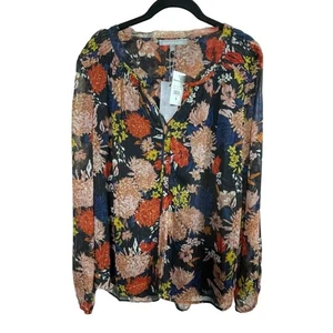 NWT Daniel Rainn Top Sz M Black Floral Metallic Stripes Pleated Long Sleeve - Picture 1 of 7
