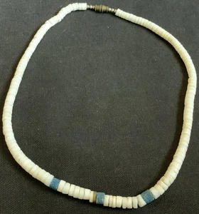 Vintage Puka Shell 16" White & Blue Beaded Choker Necklace - Picture 1 of 4