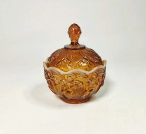 Fenton Glass Cameo Amber Opalescent Glass LILY OF THE VALLEY Covered Candy Dish - Picture 1 of 10