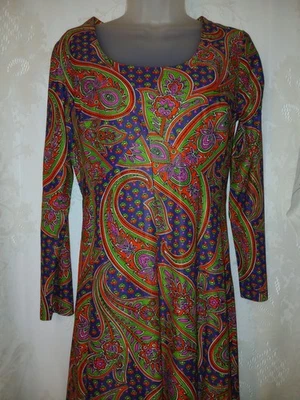 Vintage 60s Psychedelic Paisley Floral Nylon MOD Groovy Maxi Hostess Dress M - Image 1 of 4