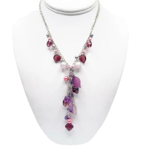 Y Necklace Silver Tone Purple Pink Amethyst Glass Lucite Beads Feminine 14-16.5" - Picture 1 of 9
