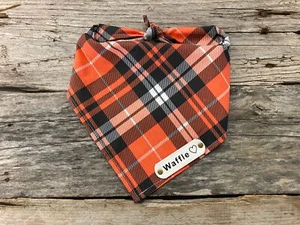 Dog Bandana, Fall Plaid Orange Black White, White Leather Personalized Name Tag - Picture 1 of 6
