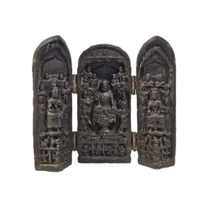 Vintage 6,5" klappbares buddhistisches Triptychon geschnitztes Harz 3 Tafeln Reiseschrein - Bild 1 von 15