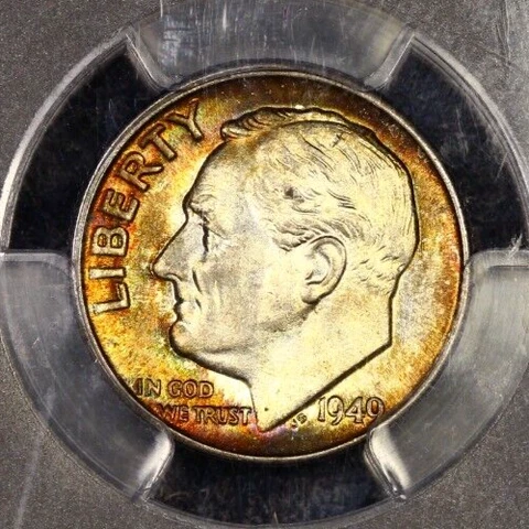 Toned PCGS MS66FB 1949 D Roosevelt Dime 10c Rainbow Color Full Bands 66FB Cover