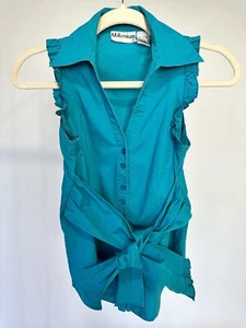 Millenium 100% Cotton Button Down Collar Ruffle Detail Top Blouse Belt Small - Picture 1 of 14
