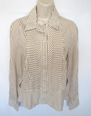 BLUSA JONES NEW YORK MUJER L marrón blanco a rayas botón pin pliegue manga larga Foto 1 de 4
