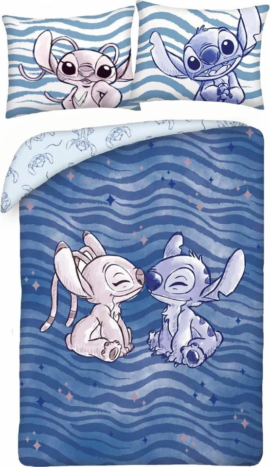 Set Letto STICH bacia ANGEL - da Disney Lilo e Stitch - Copripiumino Reversibile - Immagine 1 di 2