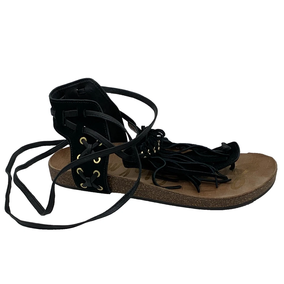 Sandalias Gladiador Sam Edelman Kyra Para Mujer 8.5 Cuero Negro Flecos Con Cordones S4 Foto 1 de 4